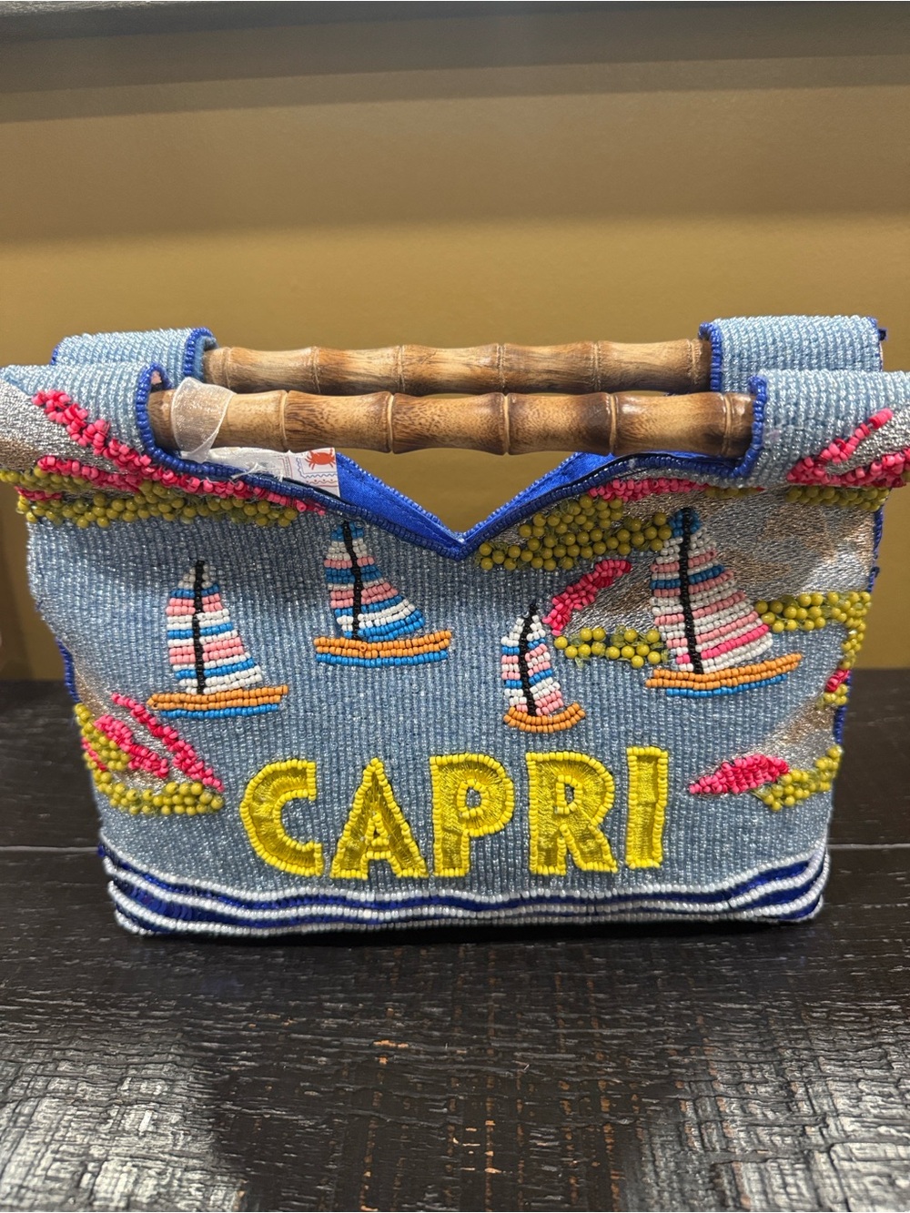 Capri Beaded Tote with Bamboo Handles - Blue